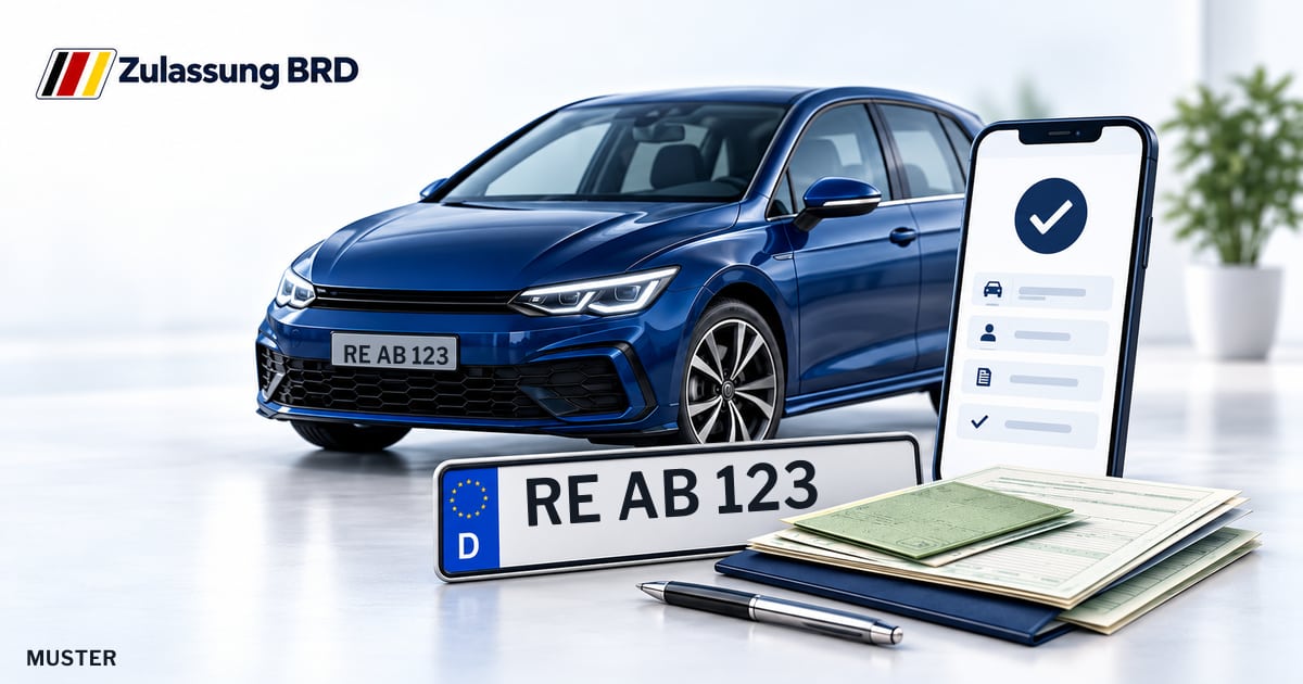 Online Fahrzeugzulassung in Oer-Erkenschwick: Musterkennzeichen RE AB 123, Auto und Fahrzeugpapiere und Smartphone. Illustration mit Logo von Zulassung BRD.